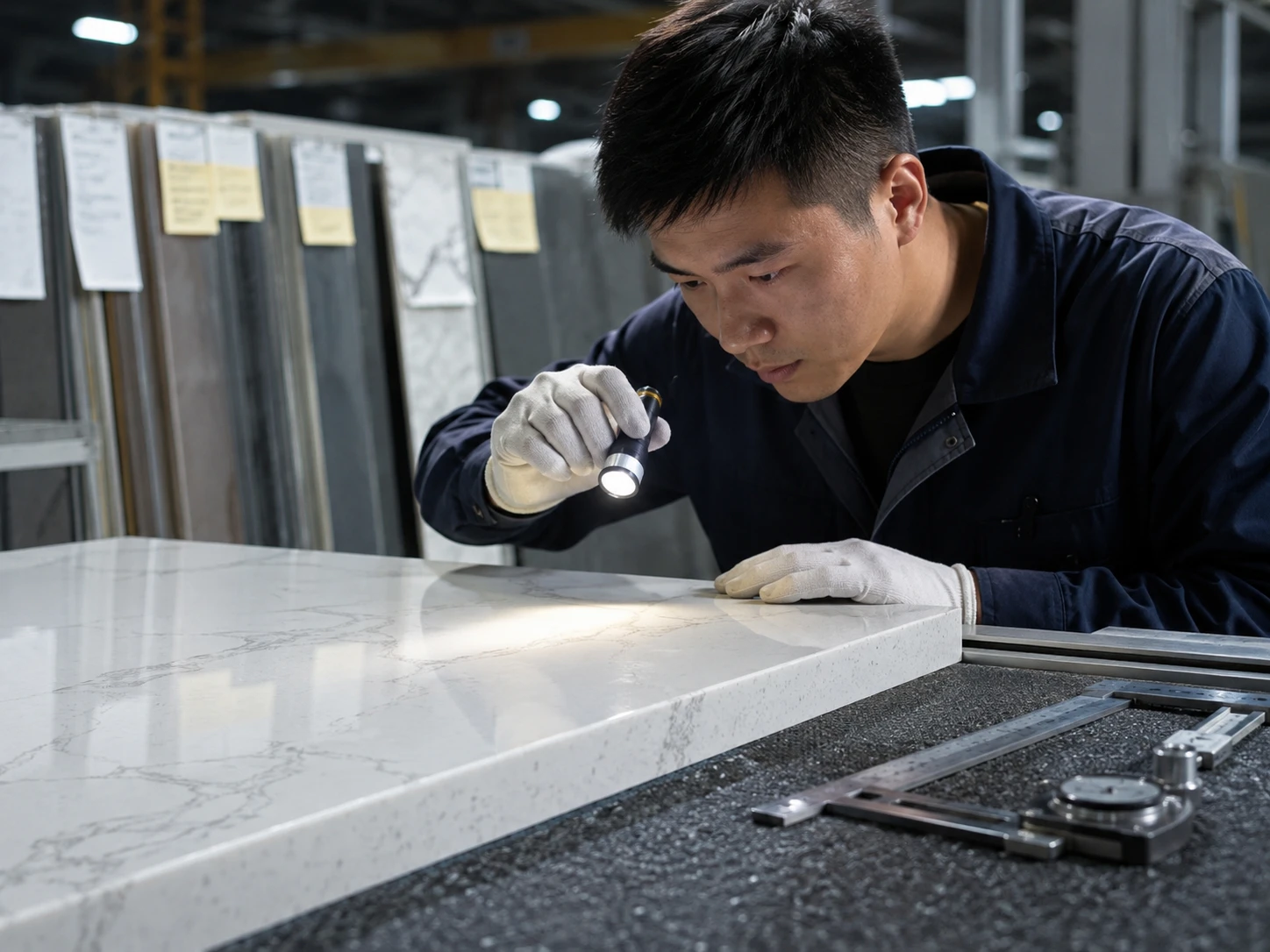 A quartz slab inspection area inside a production workshop, where a technician checks the surface under angled overhead light beside measuring tools and labelled slab racks. The camera frames the slab edge, polished face, and inspection posture from a close three-quarter angle, with the background softly blurred and the blue-white factory lighting giving a precise, quality-control mood.