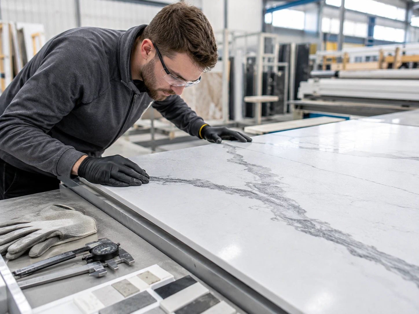A quality control technician examining a printed engineered quartz slab on an inspection table inside a bright factory workshop, with calipers, color samples, and protective gloves placed nearby. Diffused overhead light reveals the slab pattern, edge condition, and surface finish. The camera is positioned slightly above the slab at a diagonal angle, focusing on texture, alignment, and inspection detail.