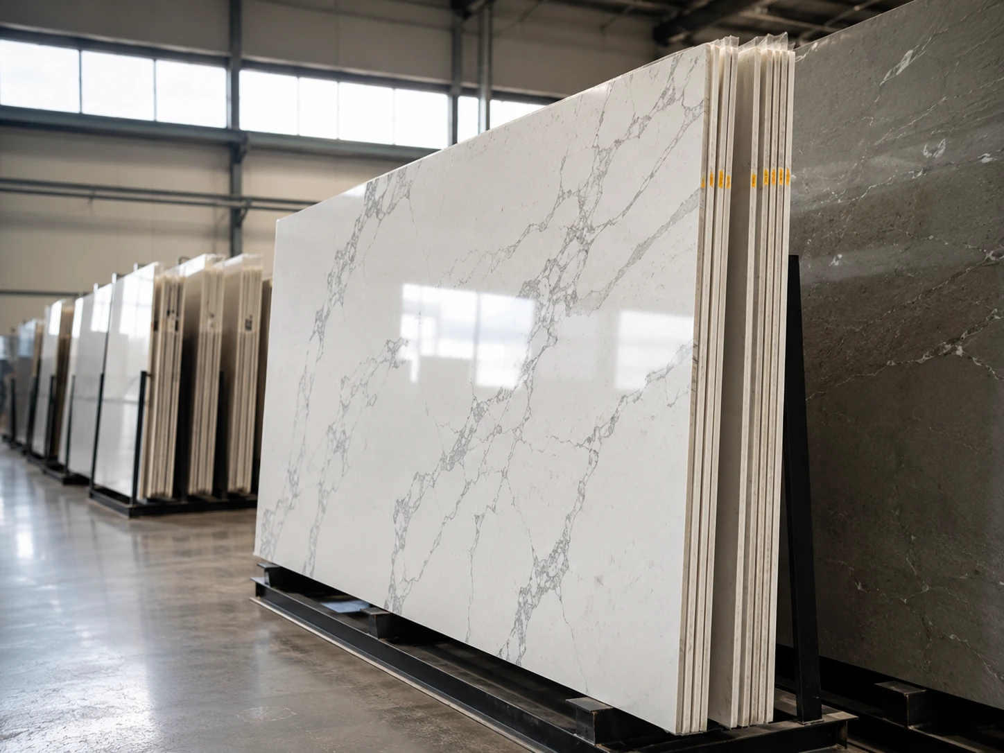 A wide aisle inside a quartz slab warehouse shows bundled engineered quartz slabs standing on A-frame racks, with white, grey, and Calacatta-inspired surfaces visible along the edges. Soft daylight enters from high factory windows, creating clean reflections on polished faces. The camera views the rows from a low three-quarter angle with the nearest slab edge in focus and orderly storage space receding behind it.
