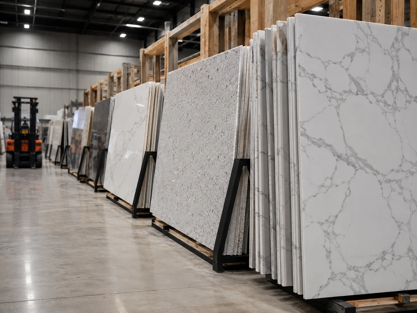 A wide aisle inside a quartz slab warehouse shows tall A-frame racks holding polished white, grey, and marble-look quartz surfaces, with slab edges aligned in neat batches. Soft overhead factory lighting reflects gently across the polished faces, while a forklift waits in the background. The camera views the racks from a low three-quarter angle, leaving clean negative space along the aisle and emphasizing order, scale, and export-ready inventory.