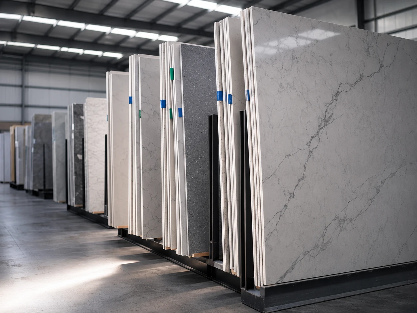 A clean quartz slab warehouse with full-size engineered quartz slabs stored vertically on metal A-frame racks, showing white, grey, and marble-look surfaces under diffused skylight. The camera views the aisle from a low three-quarter angle with a 35mm lens feel, emphasizing slab height, organized batch labels, protective spacers, and a calm blue-grey factory palette.