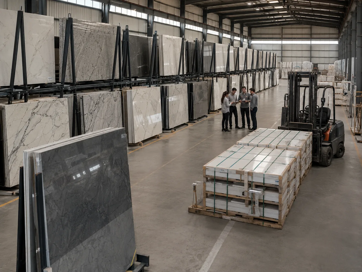 A wide quartz slab warehouse with tall A-frame racks holding polished white, grey, and Calacatta-style engineered quartz slabs, a forklift parked beside export-ready bundles, and factory staff reviewing labels in the aisle. Soft diffused daylight enters from high side windows, creating clean reflections on the slab surfaces, shot from a slightly elevated wide-angle view with orderly negative space.