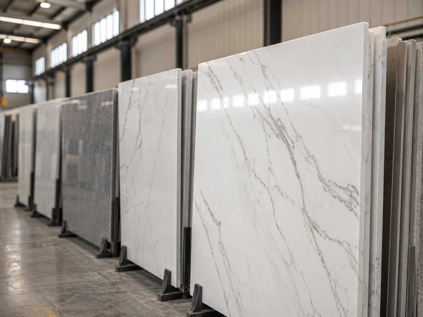 Rows of engineered quartz slabs stand vertically in a clean factory warehouse, showing white, grey, and Calacatta-inspired surfaces with subtle veining. Soft diffused daylight enters from high side windows, creating gentle reflections on polished slabs. The camera views the aisle from a low three-quarter angle, with slab edges in sharp foreground detail and orderly inventory receding into the background.