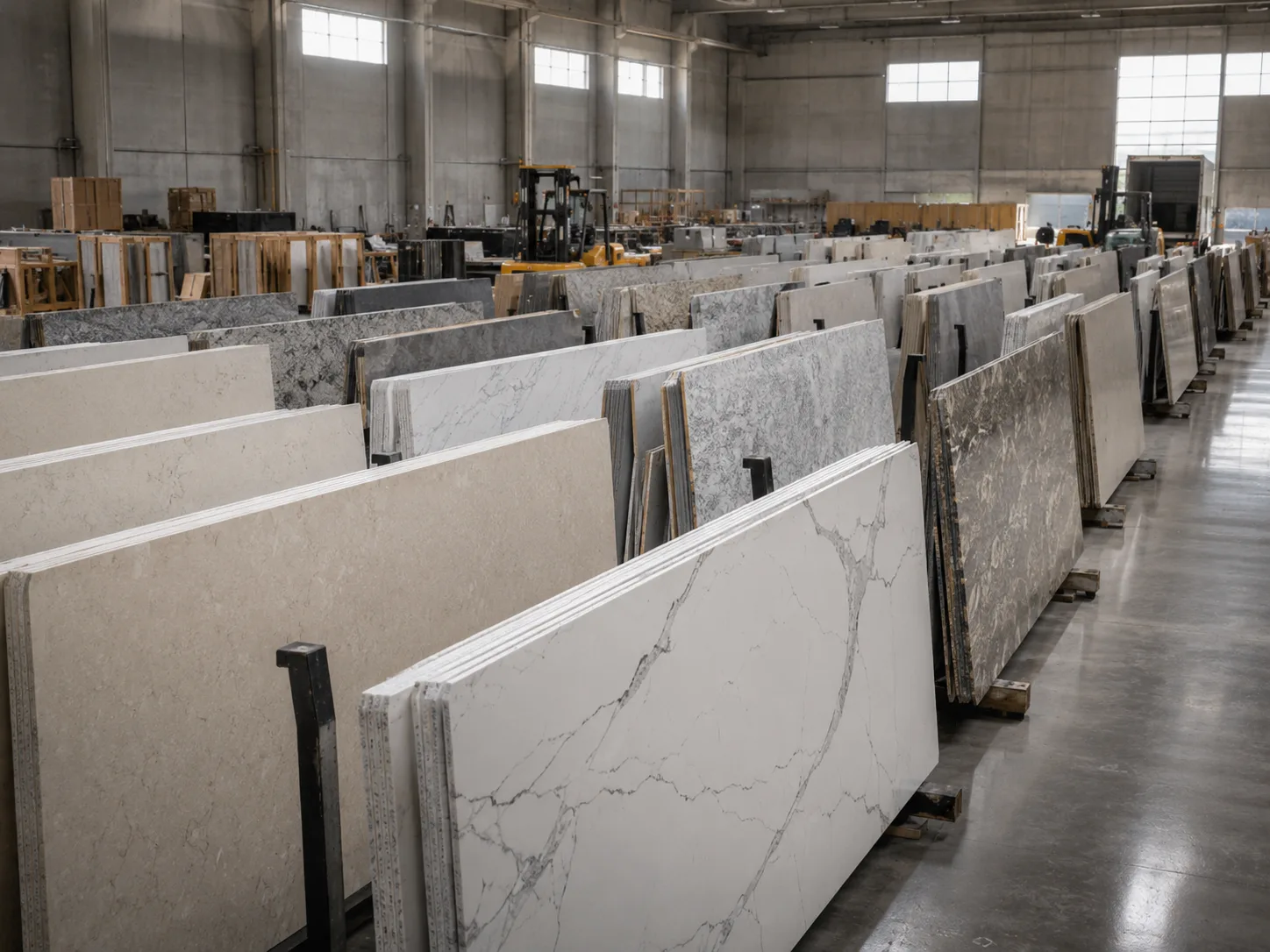 A spacious quartz slab warehouse with upright A-frame racks filled with white, grey, beige, and veined engineered quartz slabs, viewed from a slightly elevated aisle perspective. Soft diffused daylight enters through high factory windows, creating gentle reflections on polished surfaces. The composition centers on organized slab rows with forklifts and packing materials in the background, giving a clean industrial sourcing mood.
