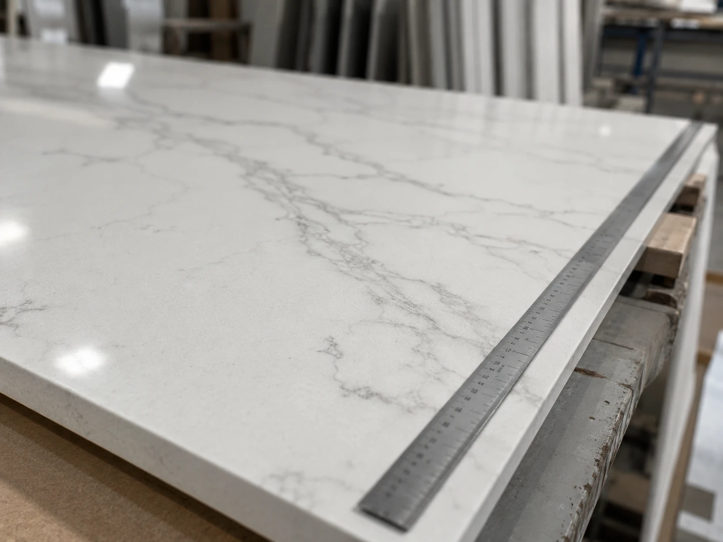 A close-up view of a white marble look quartz slab sample on a factory inspection table, showing subtle grey veining, polished reflections, and a straight metal ruler along the edge. Diffused overhead workshop lighting reveals the surface texture without glare. The camera is positioned at a shallow angle so the vein movement and edge line dominate the frame.