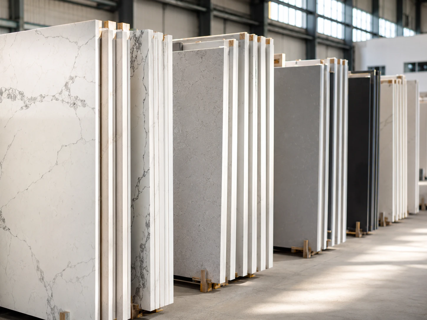 Rows of engineered quartz slabs standing vertically in a bright factory warehouse, with white, Calacatta, grey, and solid color surfaces separated by protective spacers. Diffused daylight from high windows falls across the polished faces, while the camera frames the slab edges from aisle level to show thickness, batch grouping, and organized project selection.