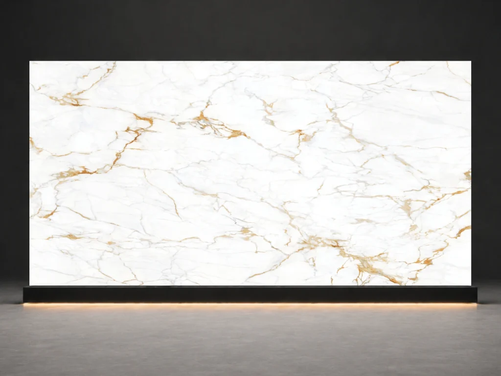 Full slab texture of Calacatta Gold Printed Quartz Slab R4522 showing engineered printed quartz pattern movement and surface detail.