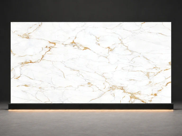 Full slab texture of Calacatta Gold Printed Quartz Slab R4522 showing engineered printed quartz pattern movement and surface detail.