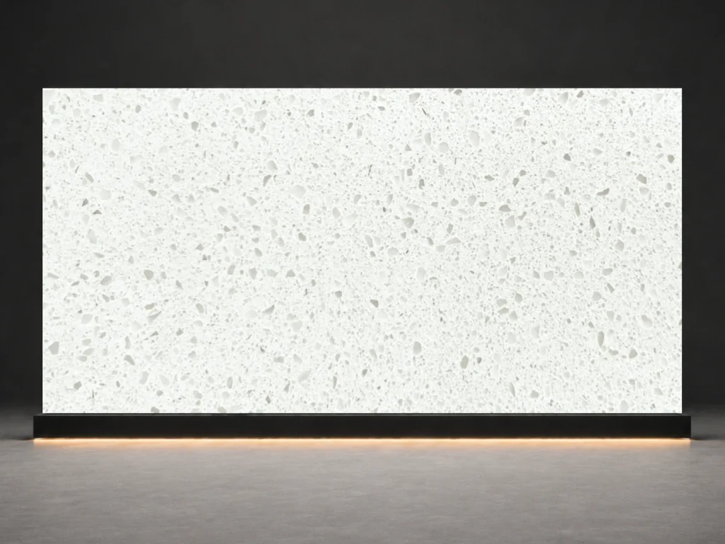 Arctic Sparkle Quartz D950 slab cover with arctic white base and fine sparkle aggregate texture from LIVO Quartz Malaysia factory