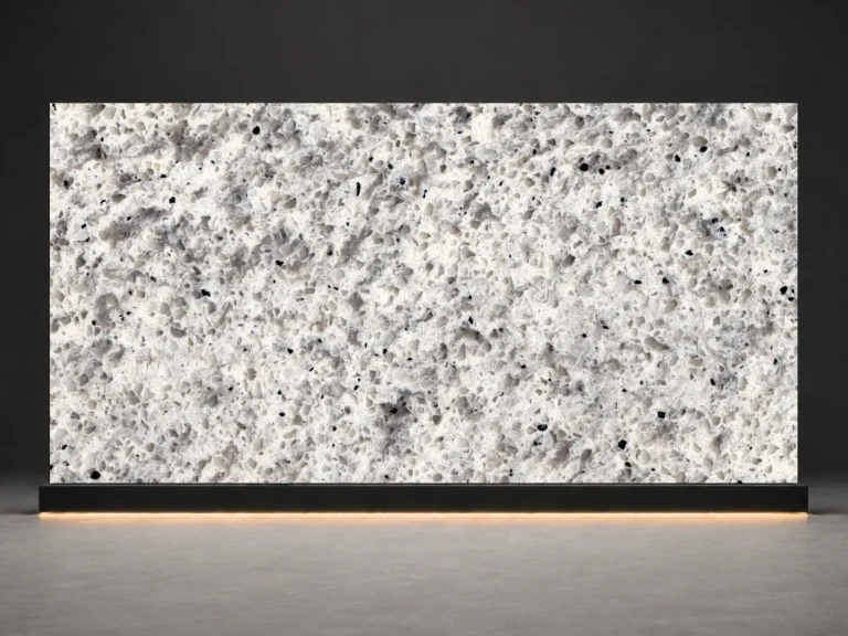 Black Pepper Terrazzo Quartz S9260 slab cover with light creamy base grey chips and black pepper speckles from LIVO Quartz Malaysia factory
