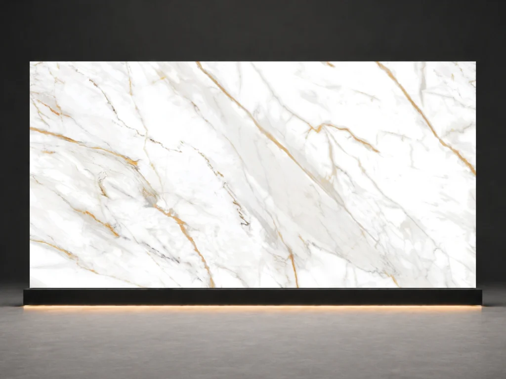 Calacatta Michelangelo Printed Quartz Slab R5528 slab cover showing a stone-inspired printed quartz surface for interior projects.
