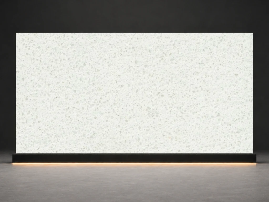 Frosted Salt Quartz K016 slab cover with soft frosted white base and fine salt like mineral texture from LIVO Quartz Malaysia factory