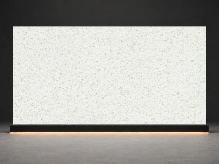 Frosted Salt Quartz K016 slab cover with soft frosted white base and fine salt like mineral texture from LIVO Quartz Malaysia factory