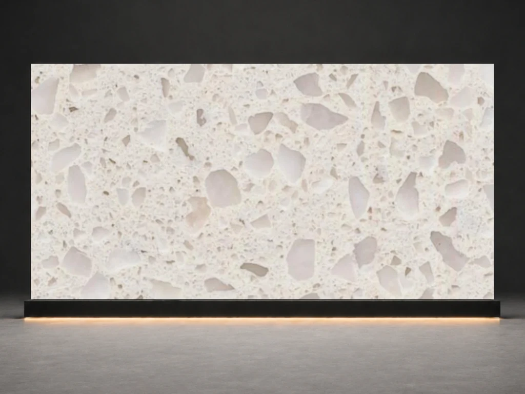 Ivory Terrazzo Quartz D909 slab cover with warm ivory base and soft beige terrazzo chips from LIVO Quartz Malaysia factory