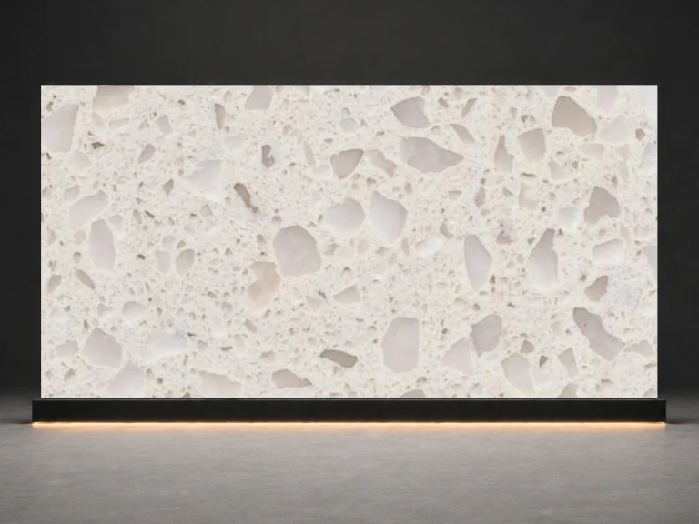 Ivory Terrazzo Quartz D909 slab cover with warm ivory base and soft beige terrazzo chips from LIVO Quartz Malaysia factory