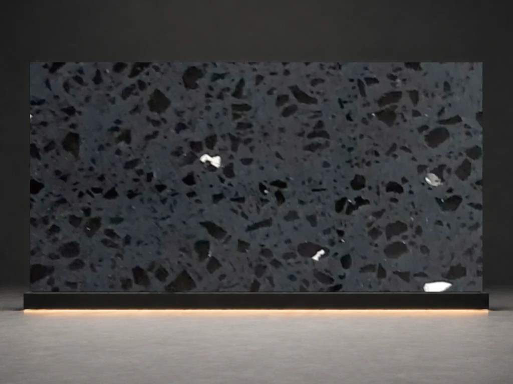 Midnight Galaxy Quartz D904 slab cover with dark charcoal base terrazzo chips and galaxy-like speckles from LIVO Quartz Malaysia factory