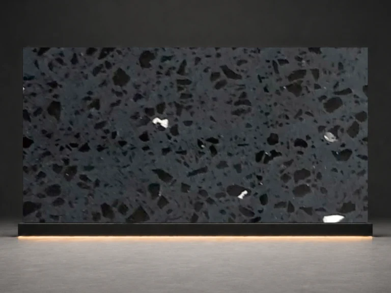 Midnight Galaxy Quartz D904 slab cover with dark charcoal base terrazzo chips and galaxy-like speckles from LIVO Quartz Malaysia factory