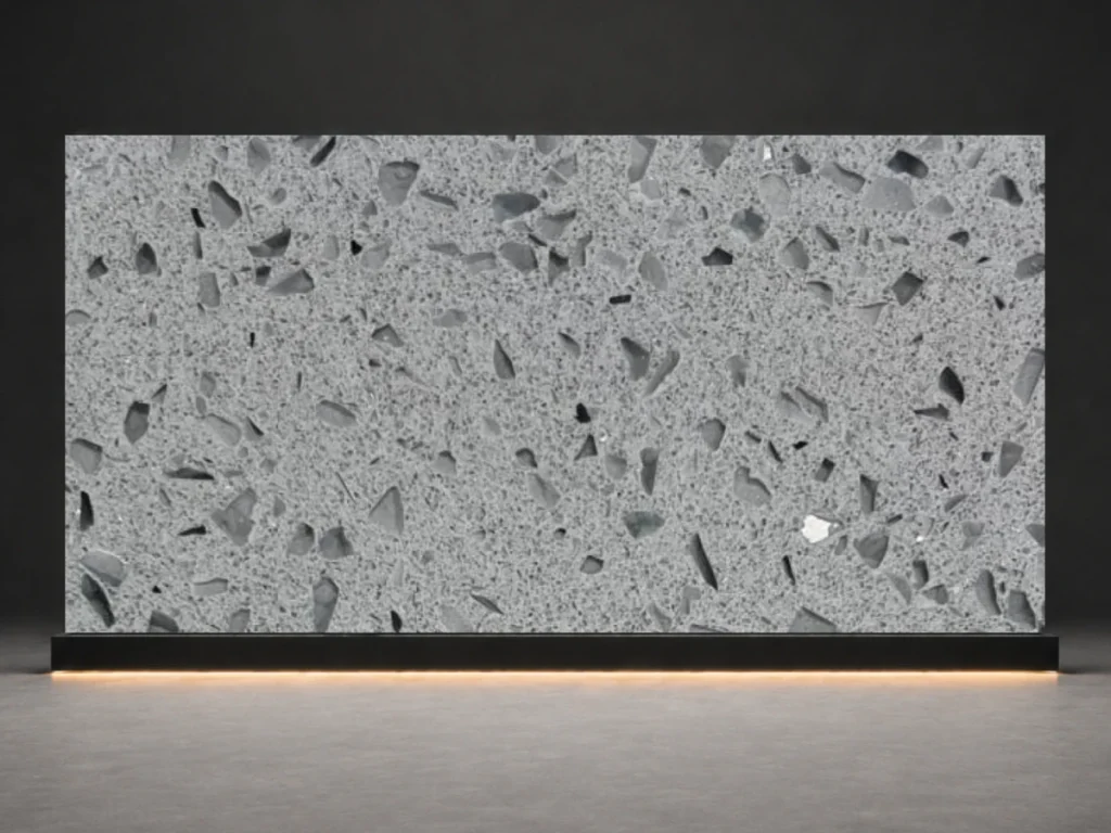 Silver Ash Terrazzo Quartz D939 slab cover with cool silver grey base and visible terrazzo mineral chips from LIVO Quartz Malaysia factory