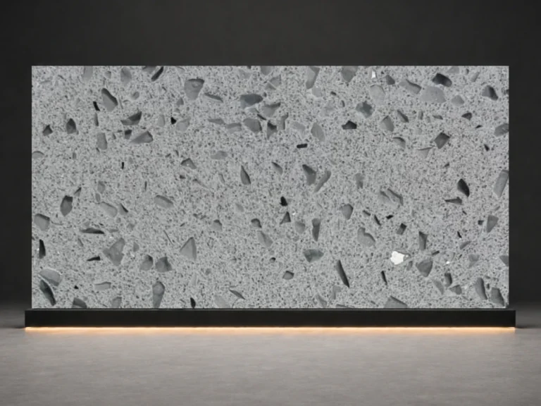 Silver Ash Terrazzo Quartz D939 slab cover with cool silver grey base and visible terrazzo mineral chips from LIVO Quartz Malaysia factory