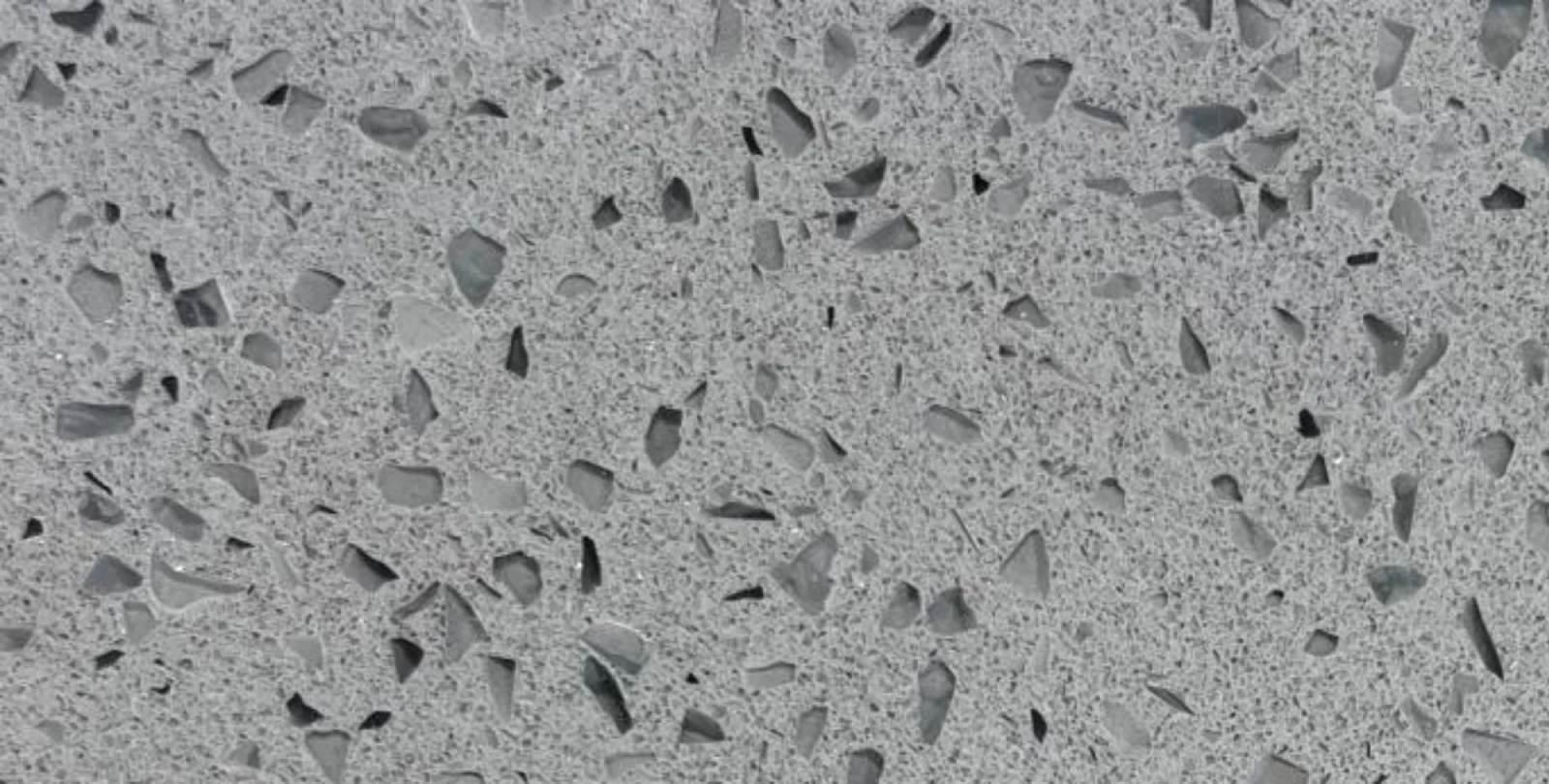 Silver Ash Terrazzo Quartz D939 silver grey terrazzo quartz slab with grey mineral chips and black white aggregate details