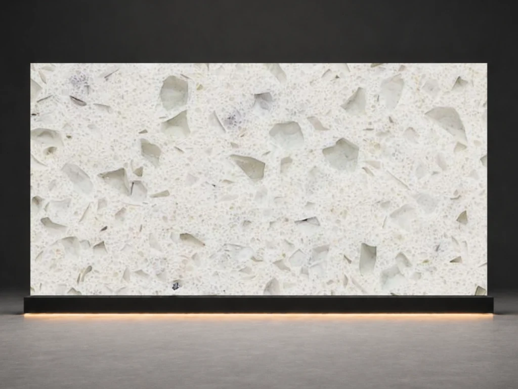 Snow Mosaic Quartz D940 slab cover with snow white base and visible mosaic terrazzo chips from LIVO Quartz Malaysia factory