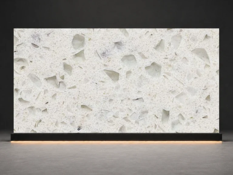 Snow Mosaic Quartz D940 slab cover with snow white base and visible mosaic terrazzo chips from LIVO Quartz Malaysia factory