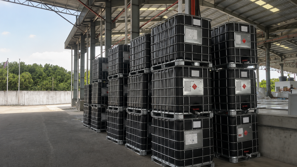 Industrial liquid raw material containers stored at a Malaysia quartz factory
