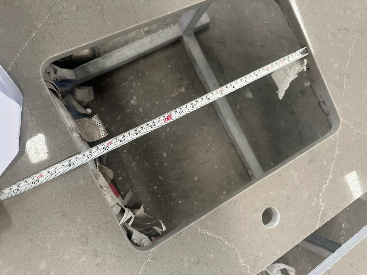 Hyatt Place quartz countertop sink cutout measurement during fabrication