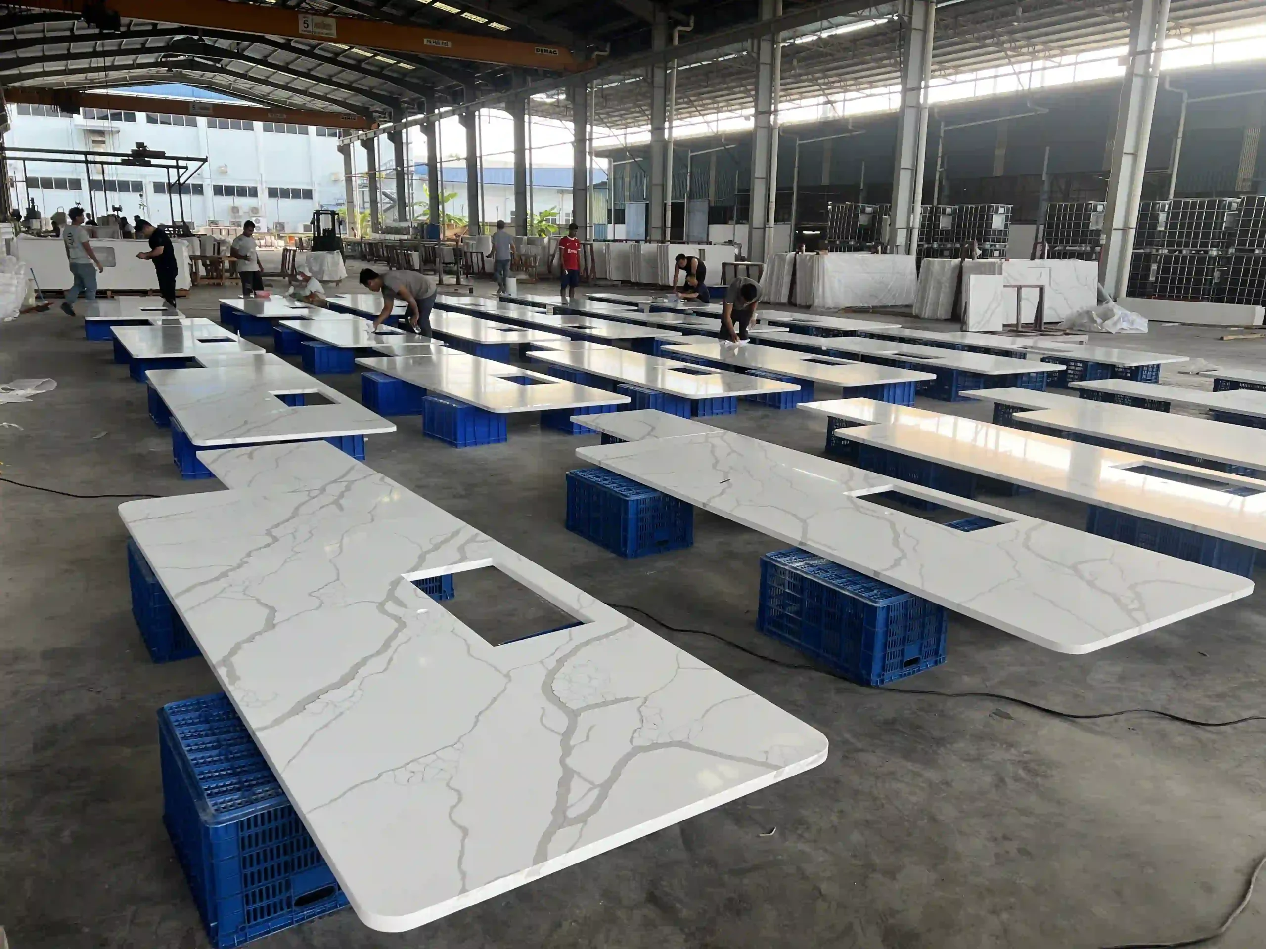 Batch of quartz countertops prepared for dimensional inspection
