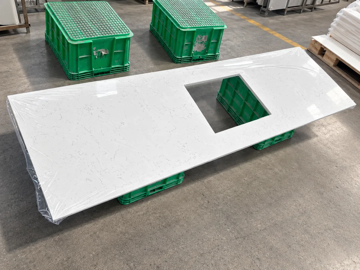 Custom white quartz countertop sink cutout fabrication and inspection