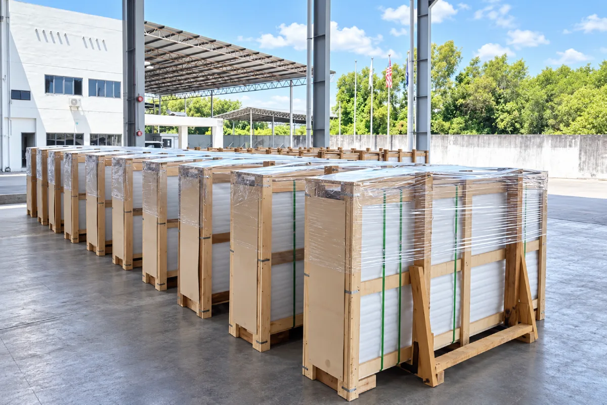 Packaged quartz countertops prepared for multifamily residential project delivery