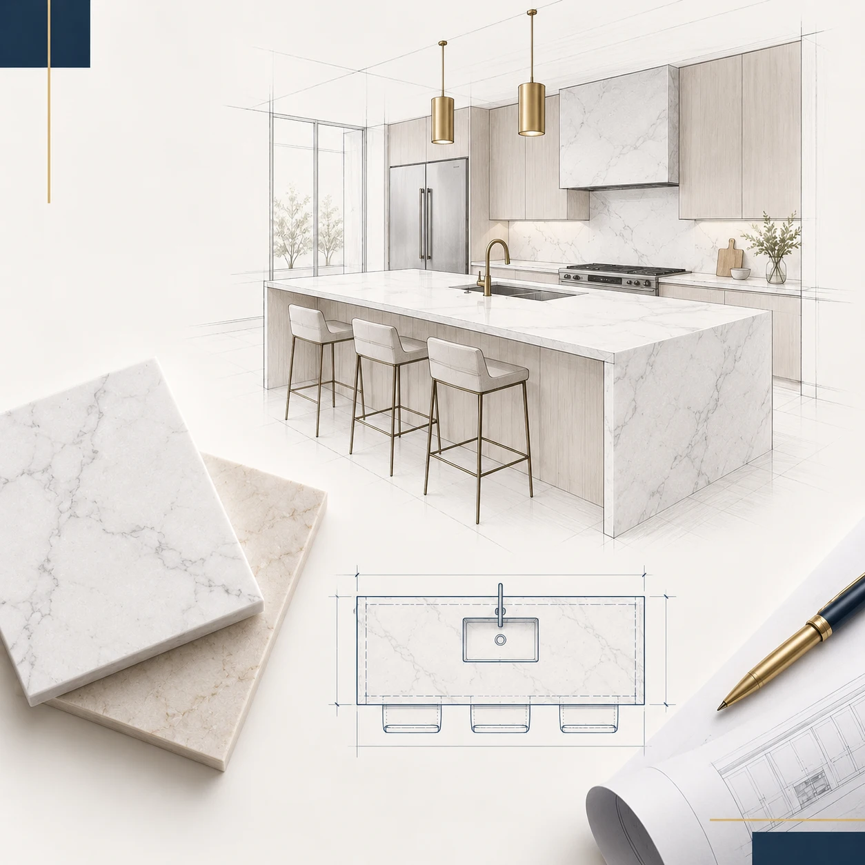 Multifamily residential quartz countertop project design for apartment kitchen applications