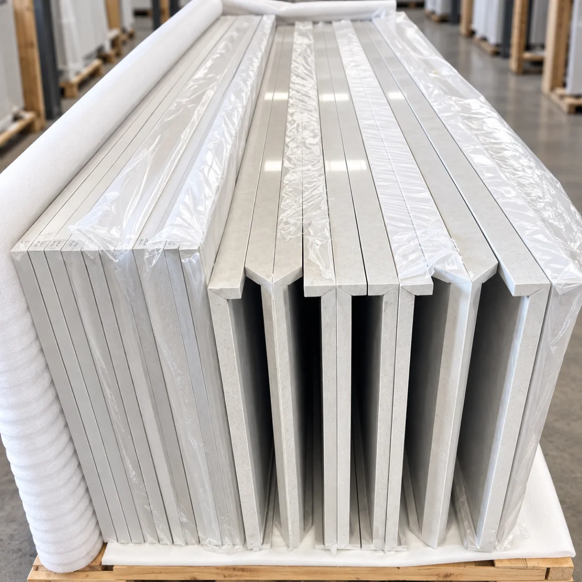 Thin quartz countertop edge profiles arranged with protective packaging