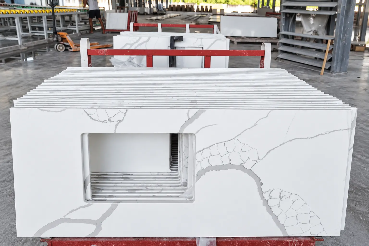Batch-fabricated quartz countertops with sink cutouts for an apartment building project