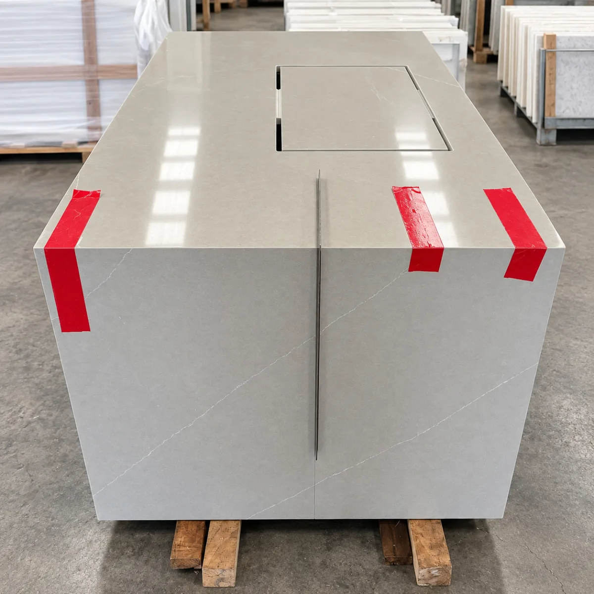 Quartz countertop with sink cutout and protective packaging for shipment
