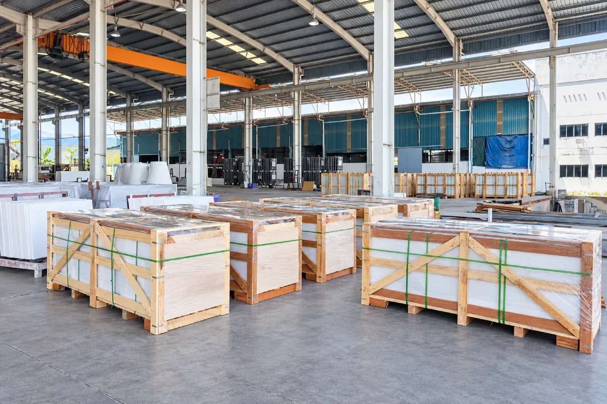 Quartz countertops secured in wooden export crates for shipment