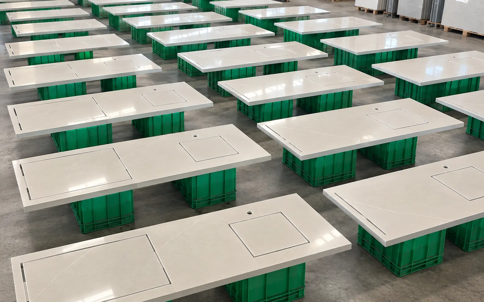 Batch-fabricated residential quartz countertops arranged on factory supports