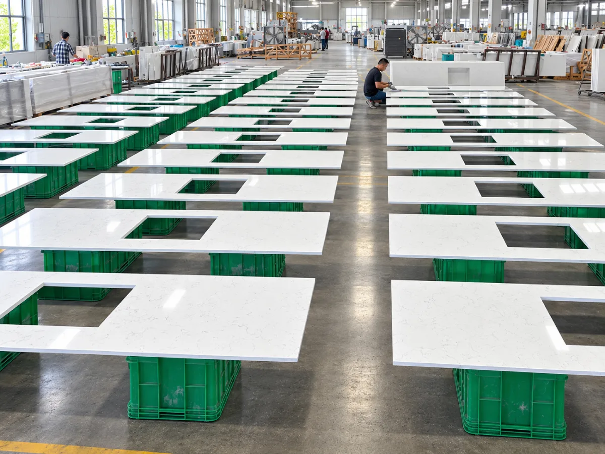 White quartz countertops batch production and quality inspection in factory