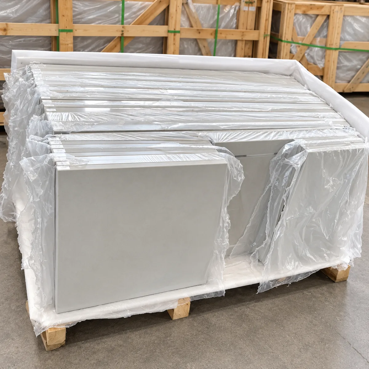 Wrapped quartz countertop components secured on a pallet for a multifamily residential project