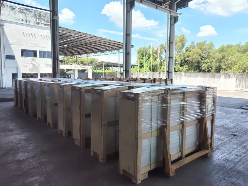 Quartz countertops packed in reinforced wooden crates for export at a Malaysia factory